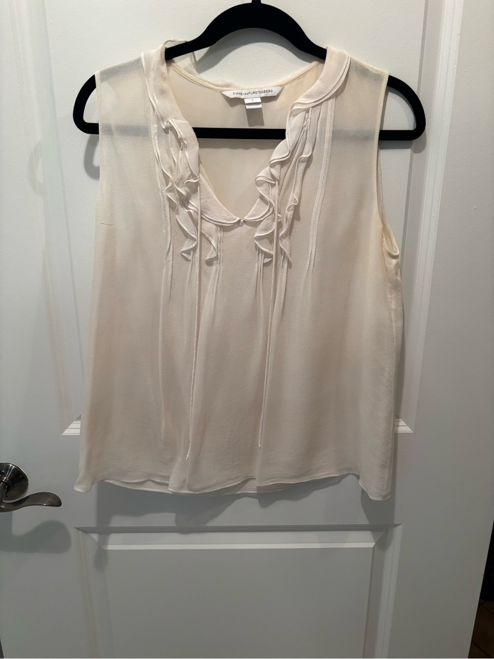 Diane Von Furstenberg Ruffle Tie-Neck Sleeveless Blouse in Ivory Silk